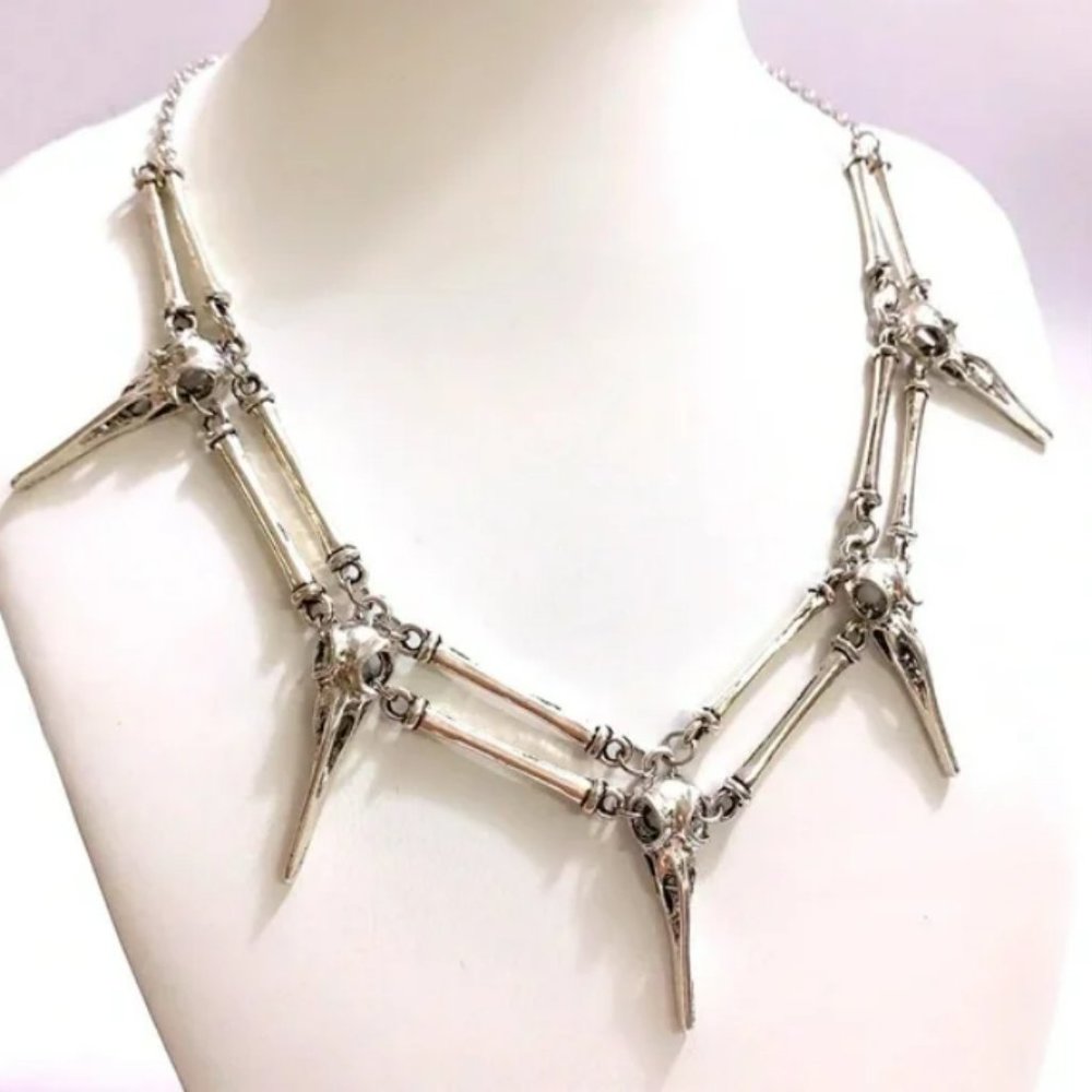 NEW Silver Raven Bird Head Skull Spike Choker Necklace Costume - Picture 2 of 6